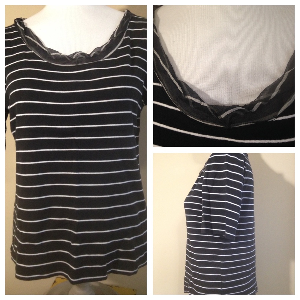 LIZ Claiborne NY Stripe Top Cotton Pullover Sheer Scoop Collar Half Sleeve Large